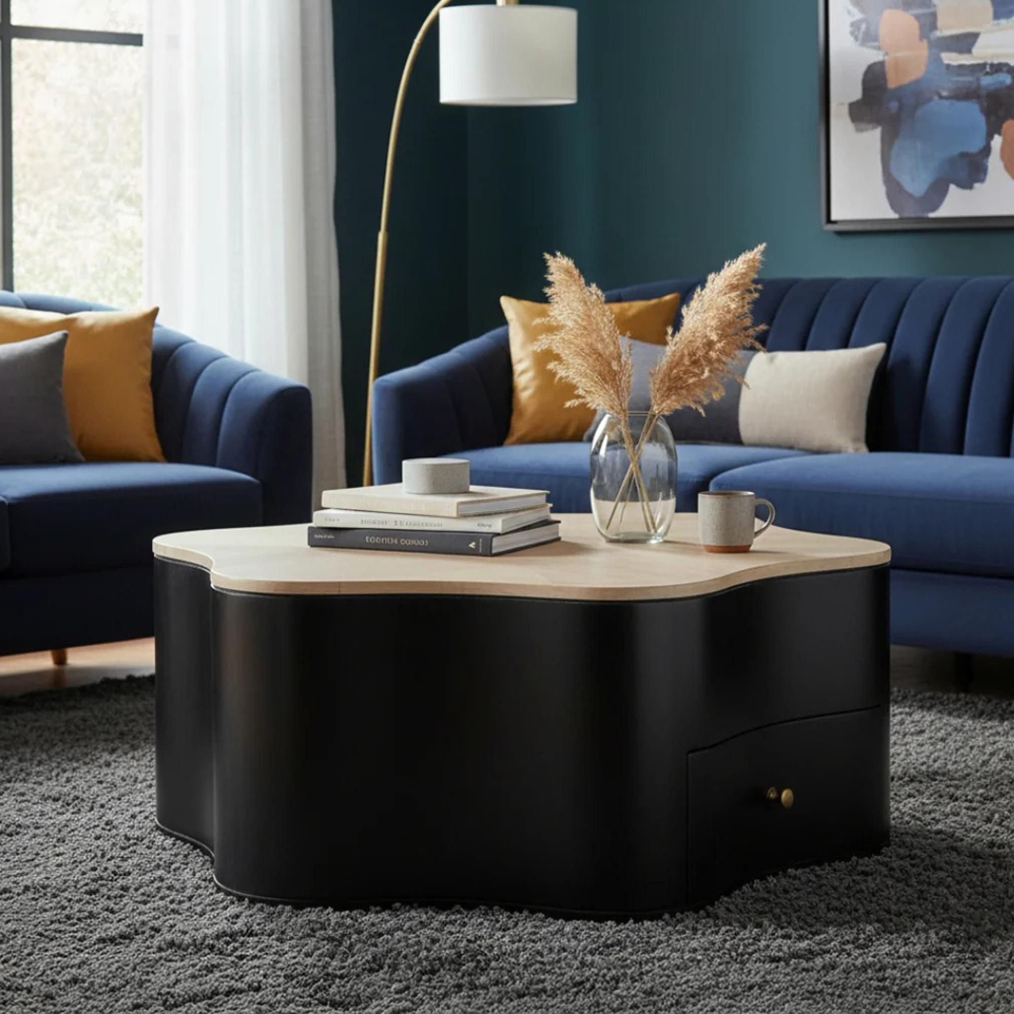 Boho Coffee Table - Low - 1 Drawer - Organic - Natural and Black - Mango Wood