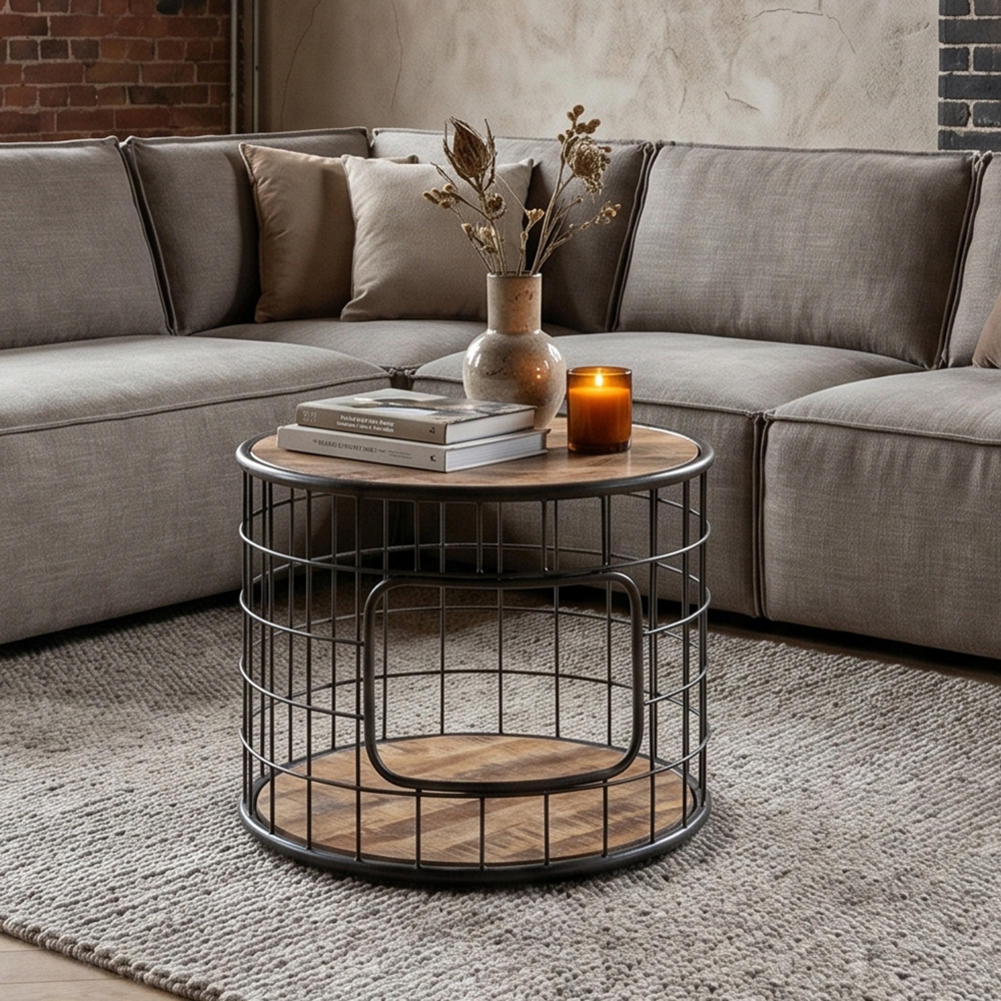 Amereli Coffee Table - 45cm - Round - Industrial Style Wooden