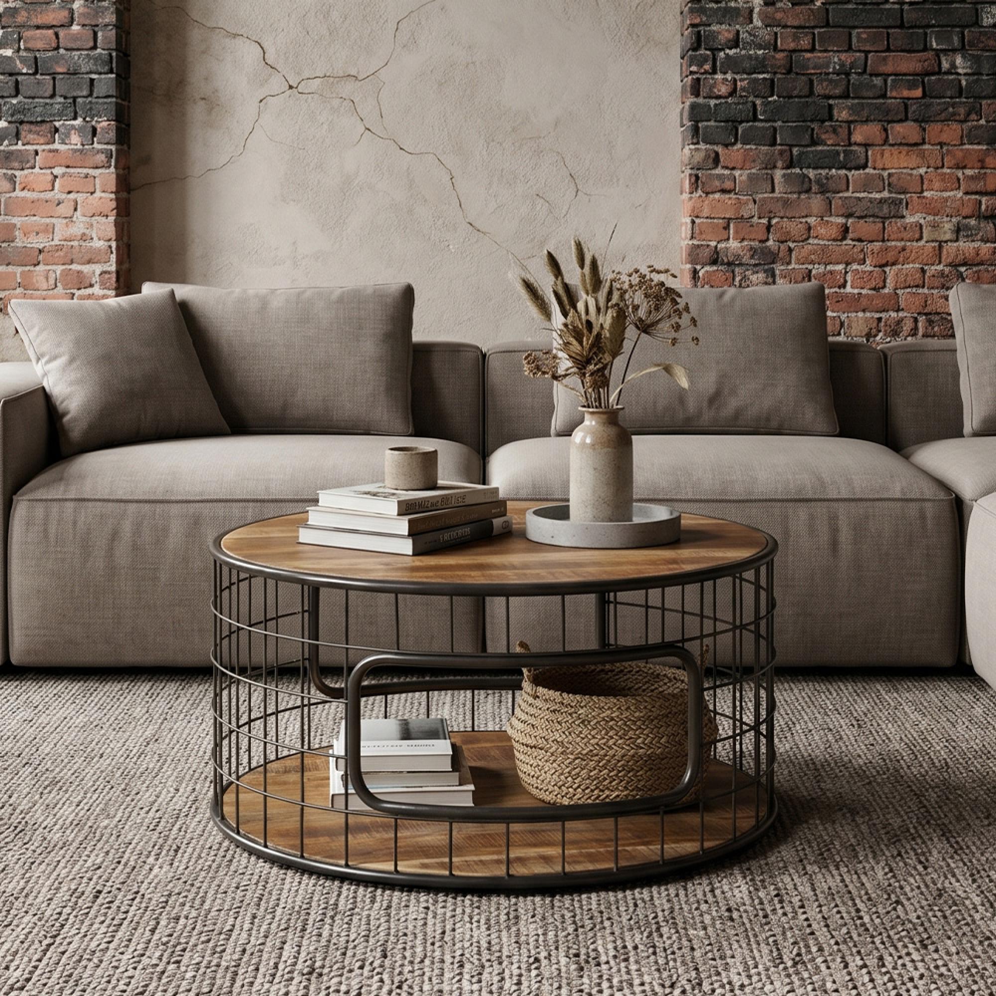 Amereli Coffee Table - 90cm - Round - Industrial Style Wooden