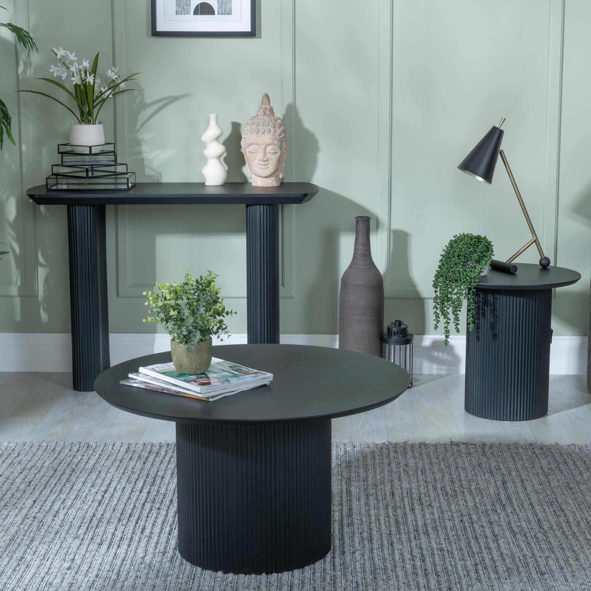 Bern Coffee Table - Black - Round - Fluted - Drum Base
