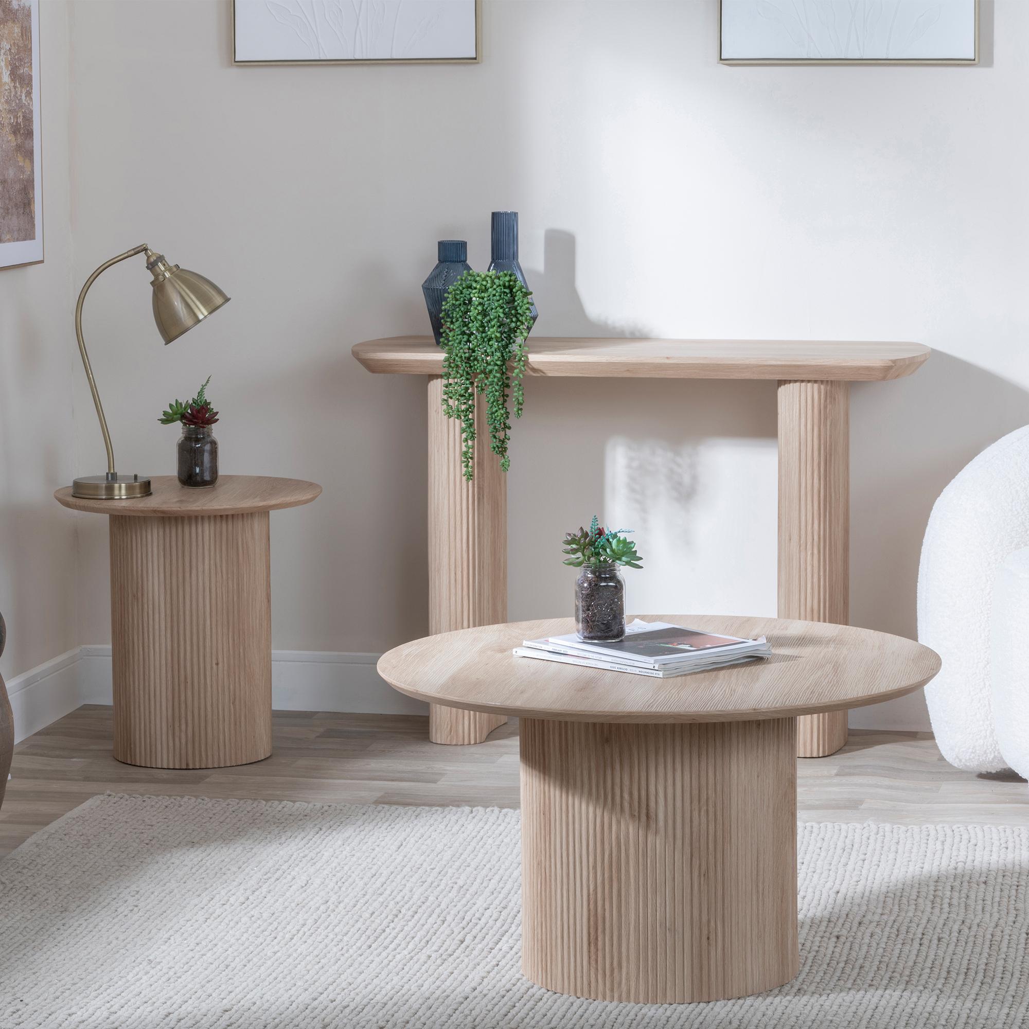 Bern Round Coffee Table - Oak - Fluted - Drum Base