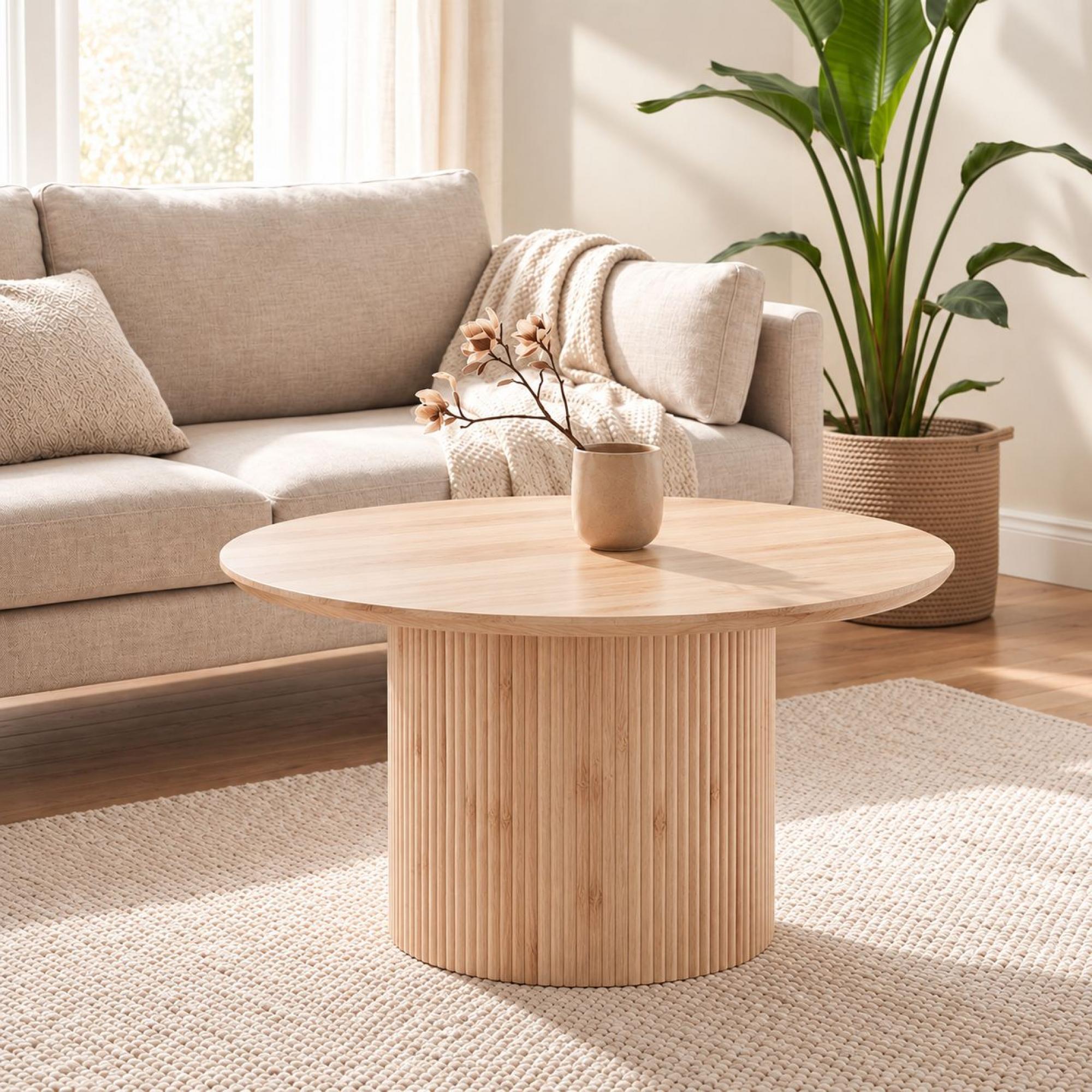 Bern Round Coffee Table - Oak - Fluted - Drum Base