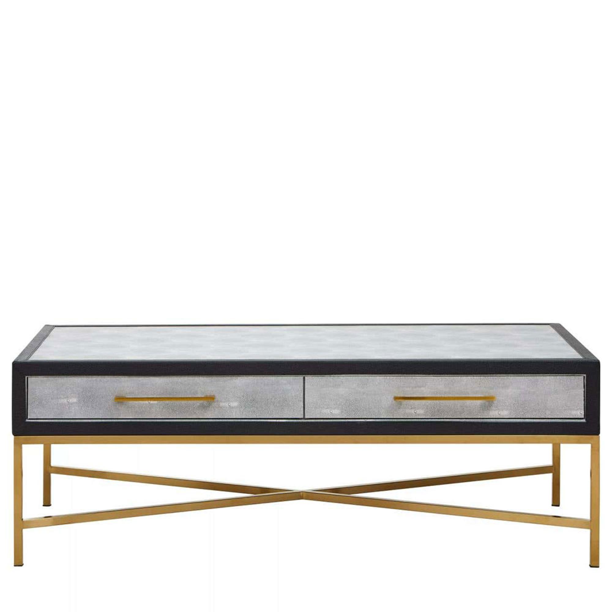 Cadio Coffee Table - 2 Drawer - Grey Faux Shagreen with Gold Legs