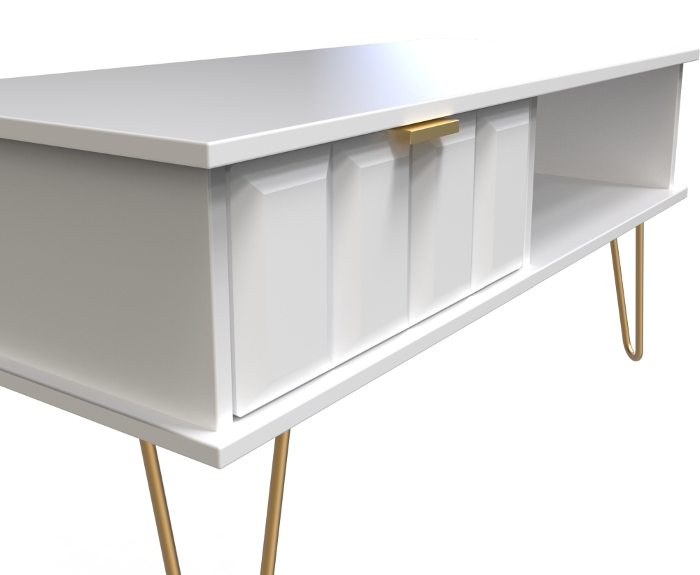Cube Coffee Table - 1 Drawer - with Gold Hairpin Legs - White