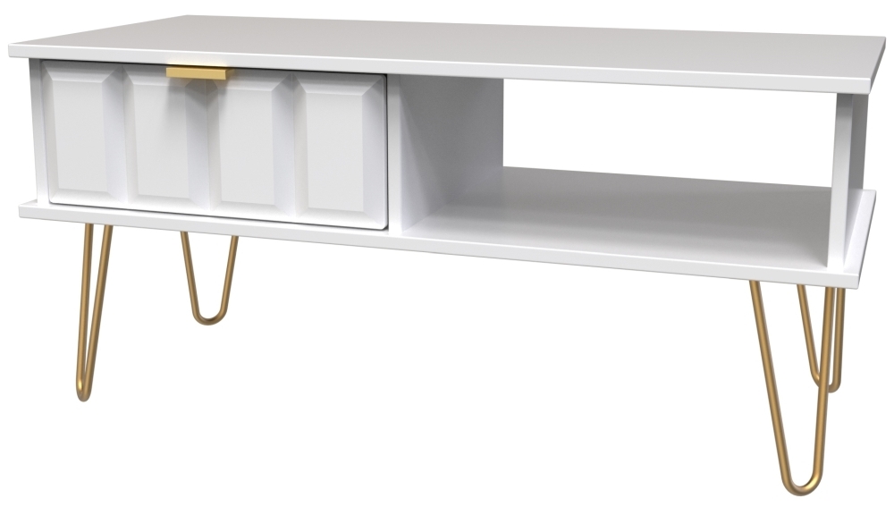 Cube Coffee Table - 1 Drawer - with Gold Hairpin Legs - White