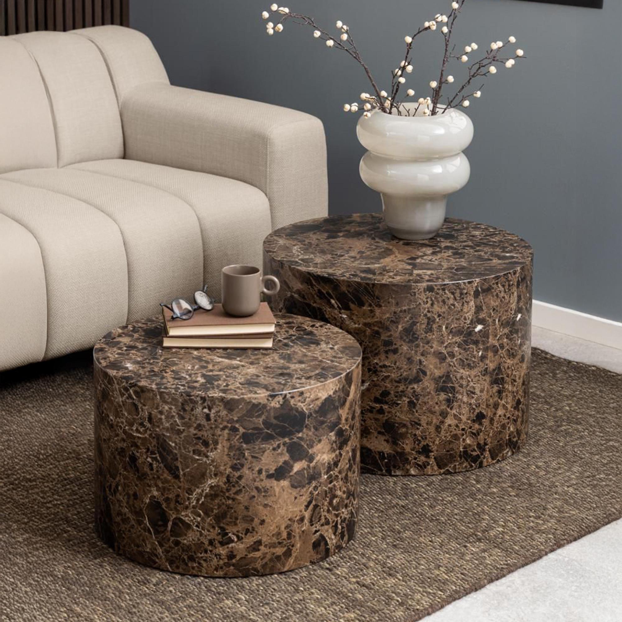 Dice Coffee Table - Round - Brown Marble Effect - Set of 2