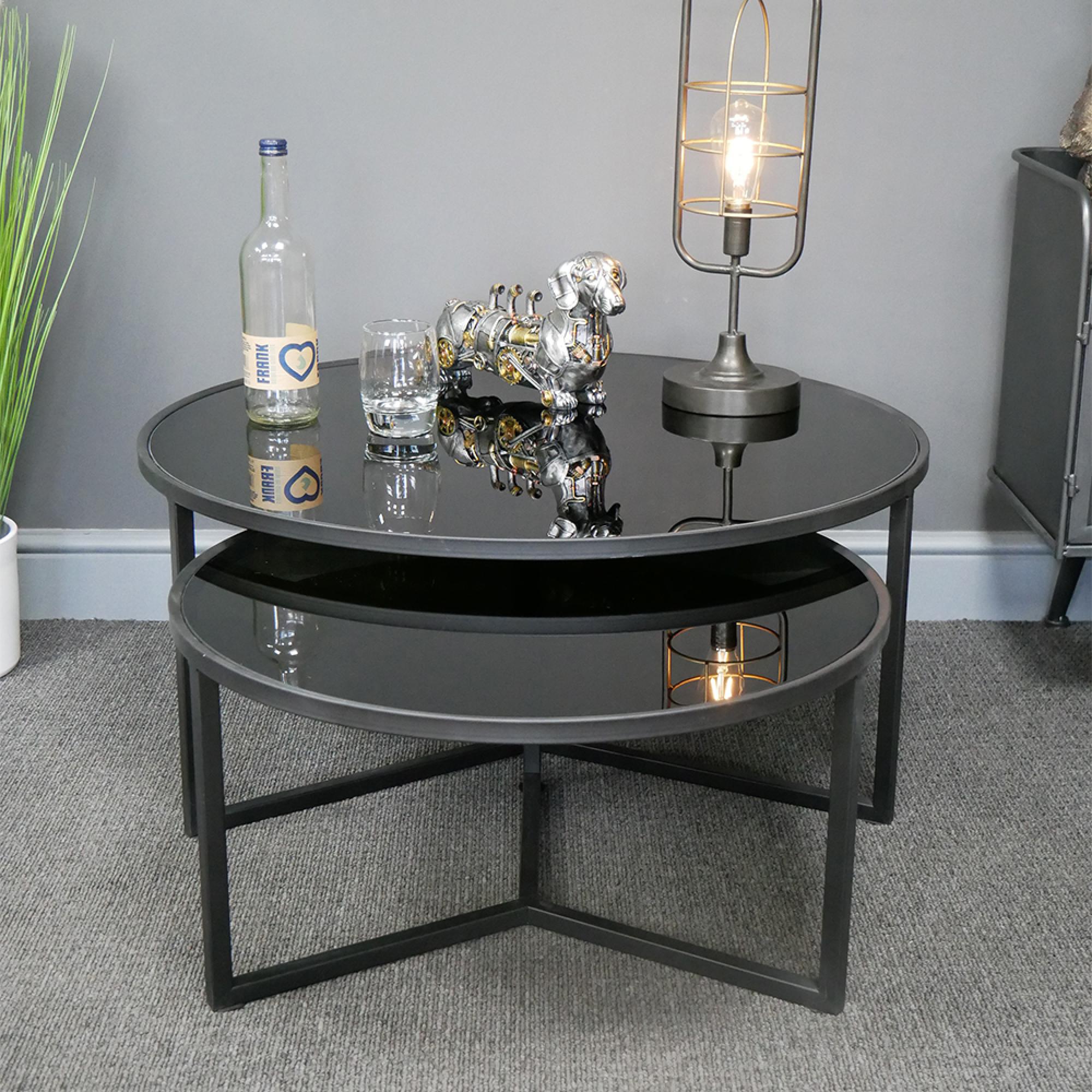 Coffee Table - Round - Black Glass and Metal - Set of 2