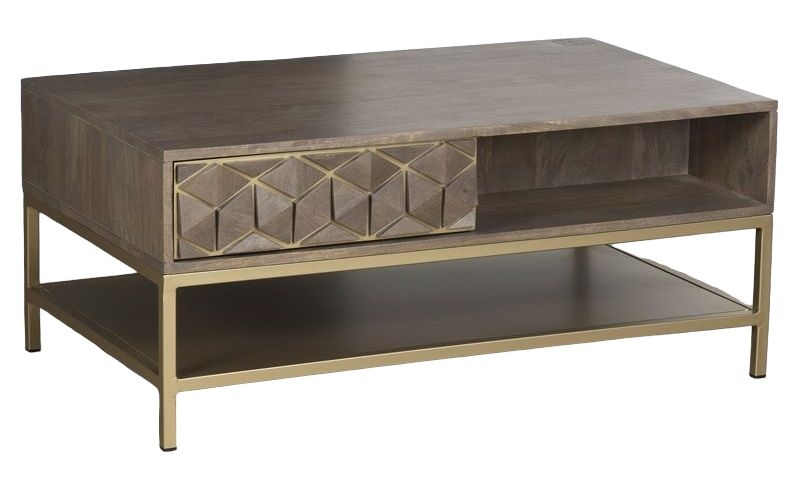 Elyse Mango Wood Coffee Table with Shelf - Geometric