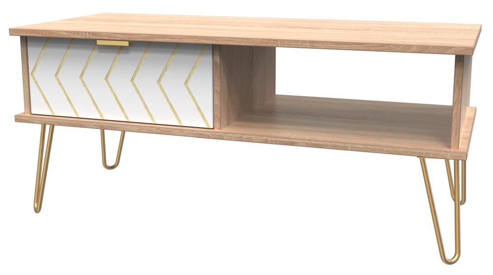 Jigsaw Coffee Table - 1 Drawer - with Gold Hairpin Legs - White and Oak