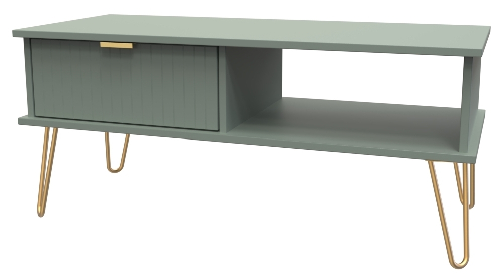 Linear Coffee Table - 1 Drawer - with Gold Hairpin Legs - Green
