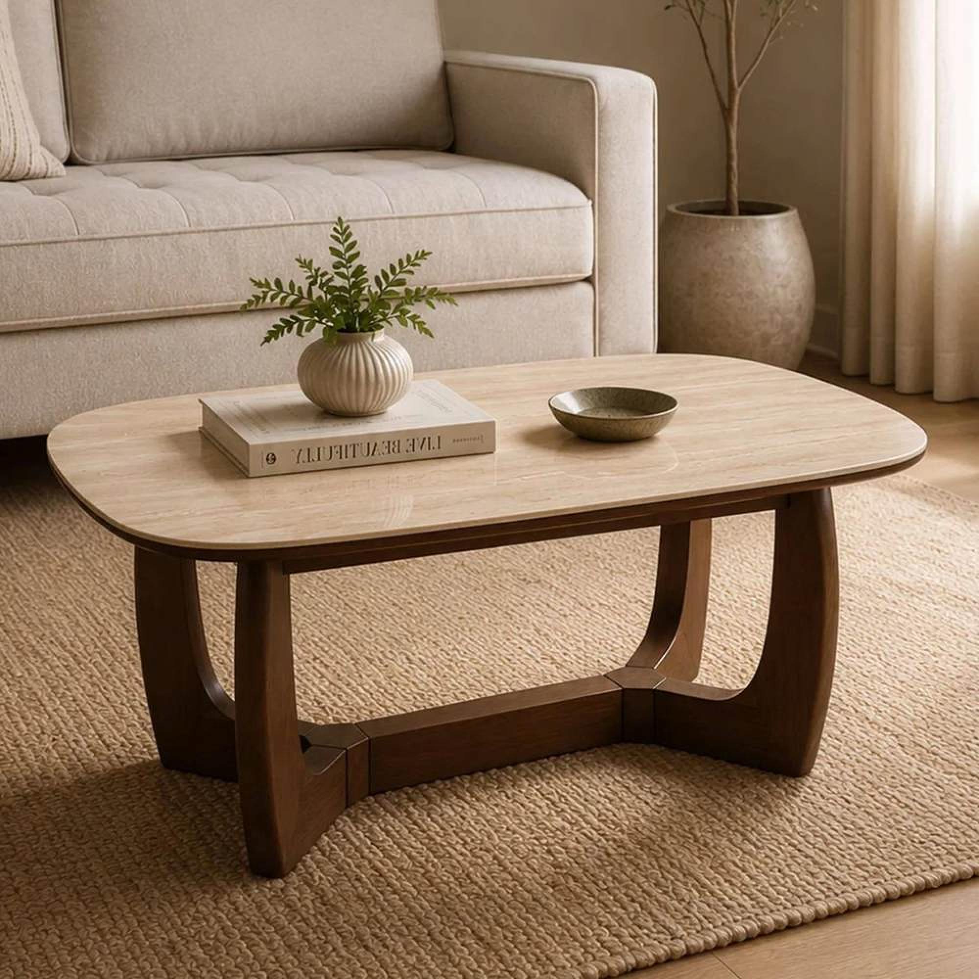 Portland Coffee Table - Oval - Natural and Walnut - Sintered Stone and Wood