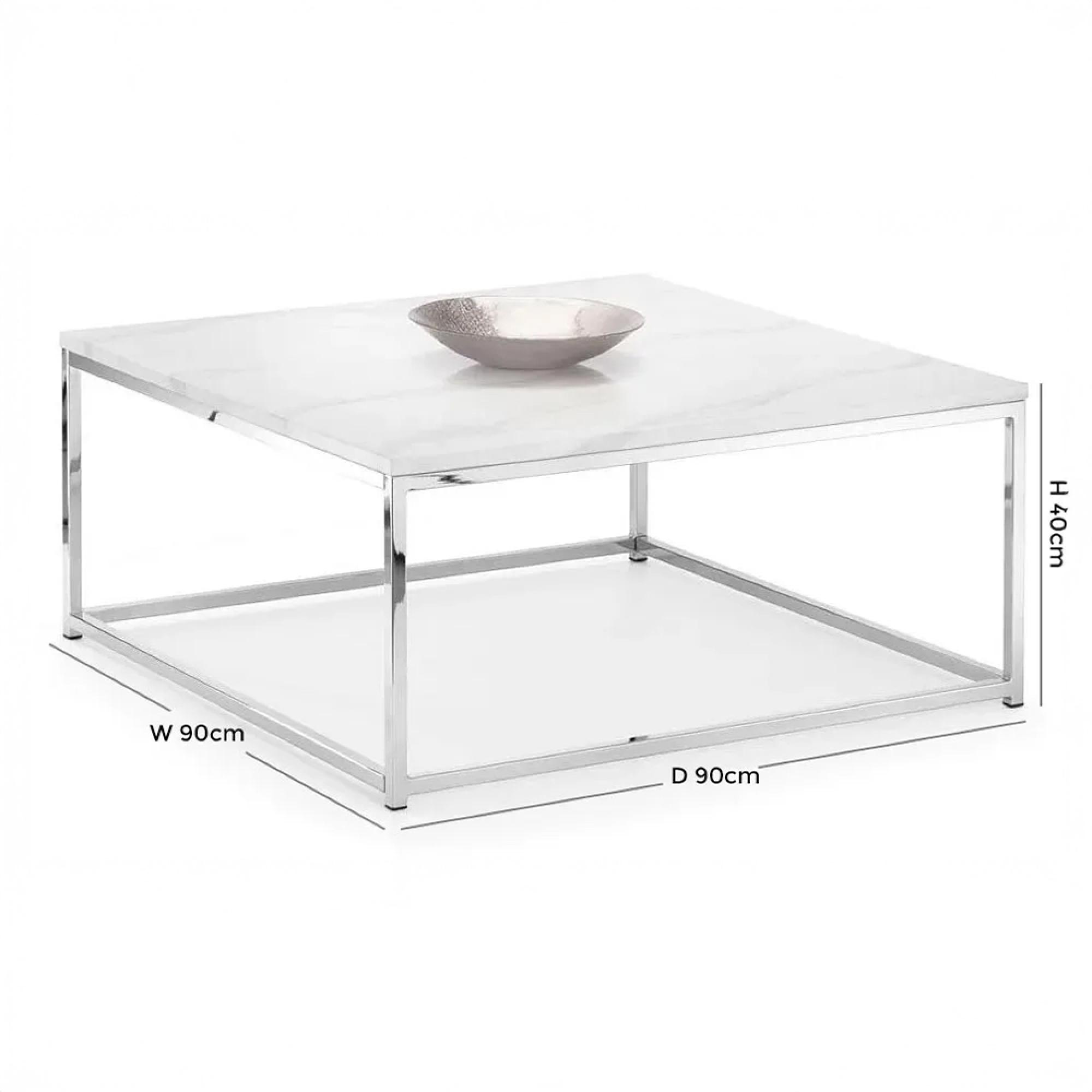 Scala Coffee Table - 90cm - Square - White Marble Effect and Chrome
