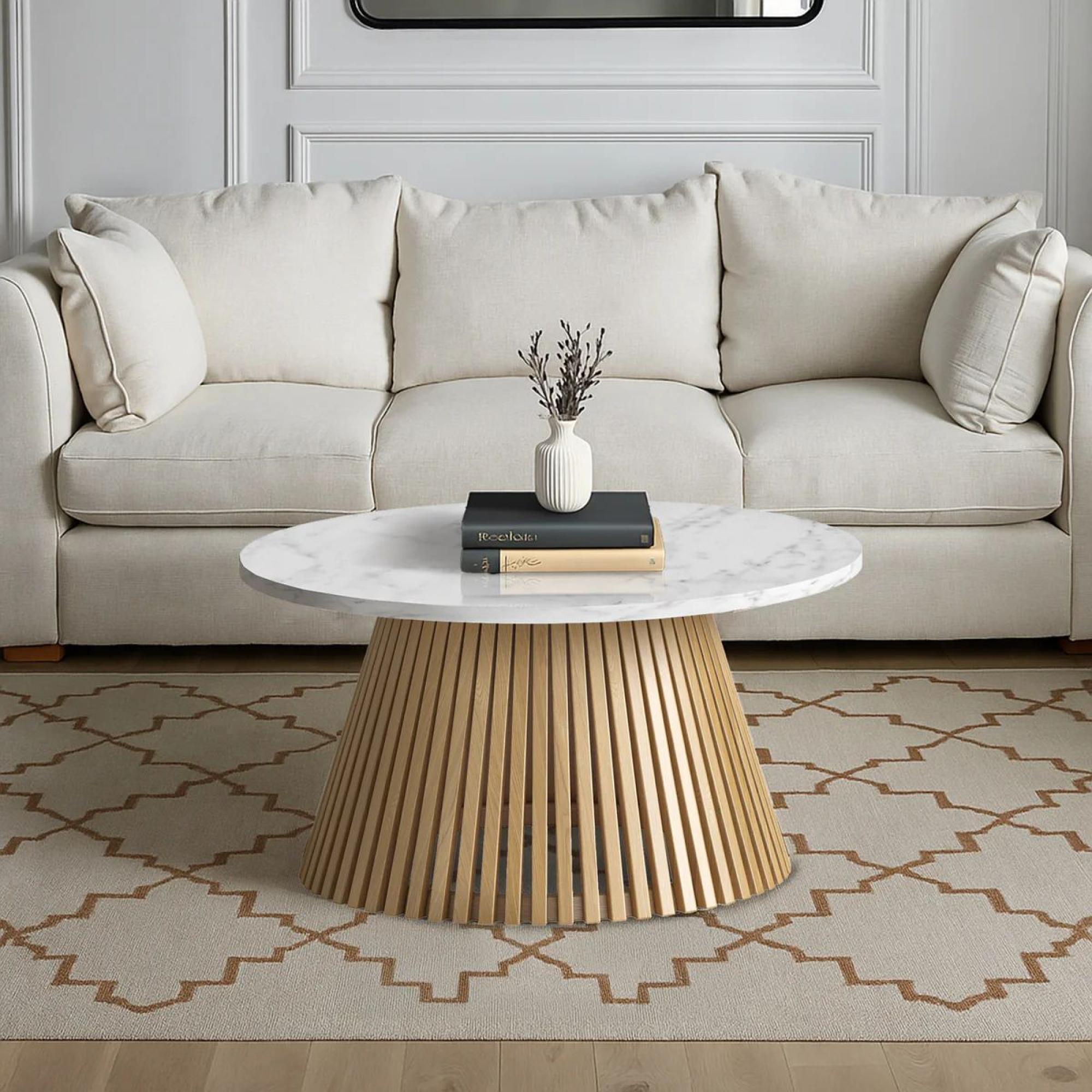 Soho Oak Coffee Table - Slatted Round - White Marble Top