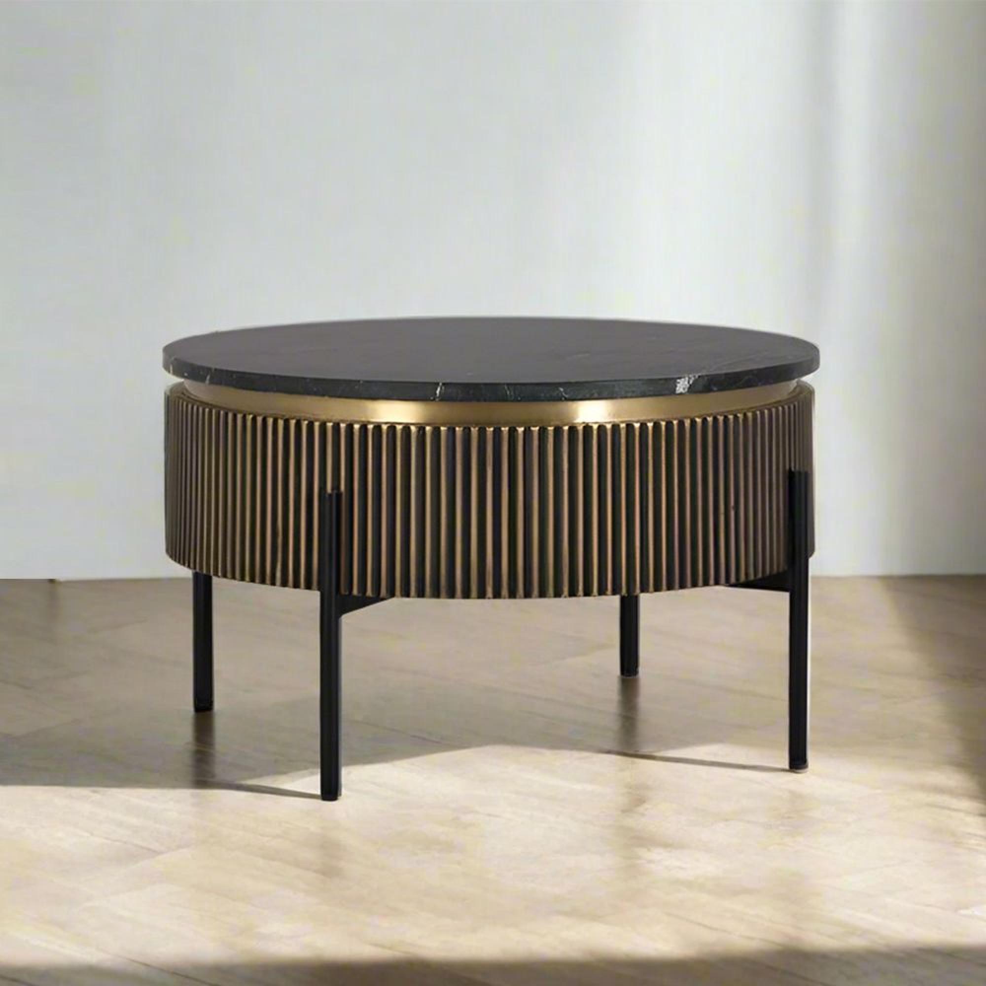 Stephen Coffee Table - Ribbed Brass - Round - Black Marble Top