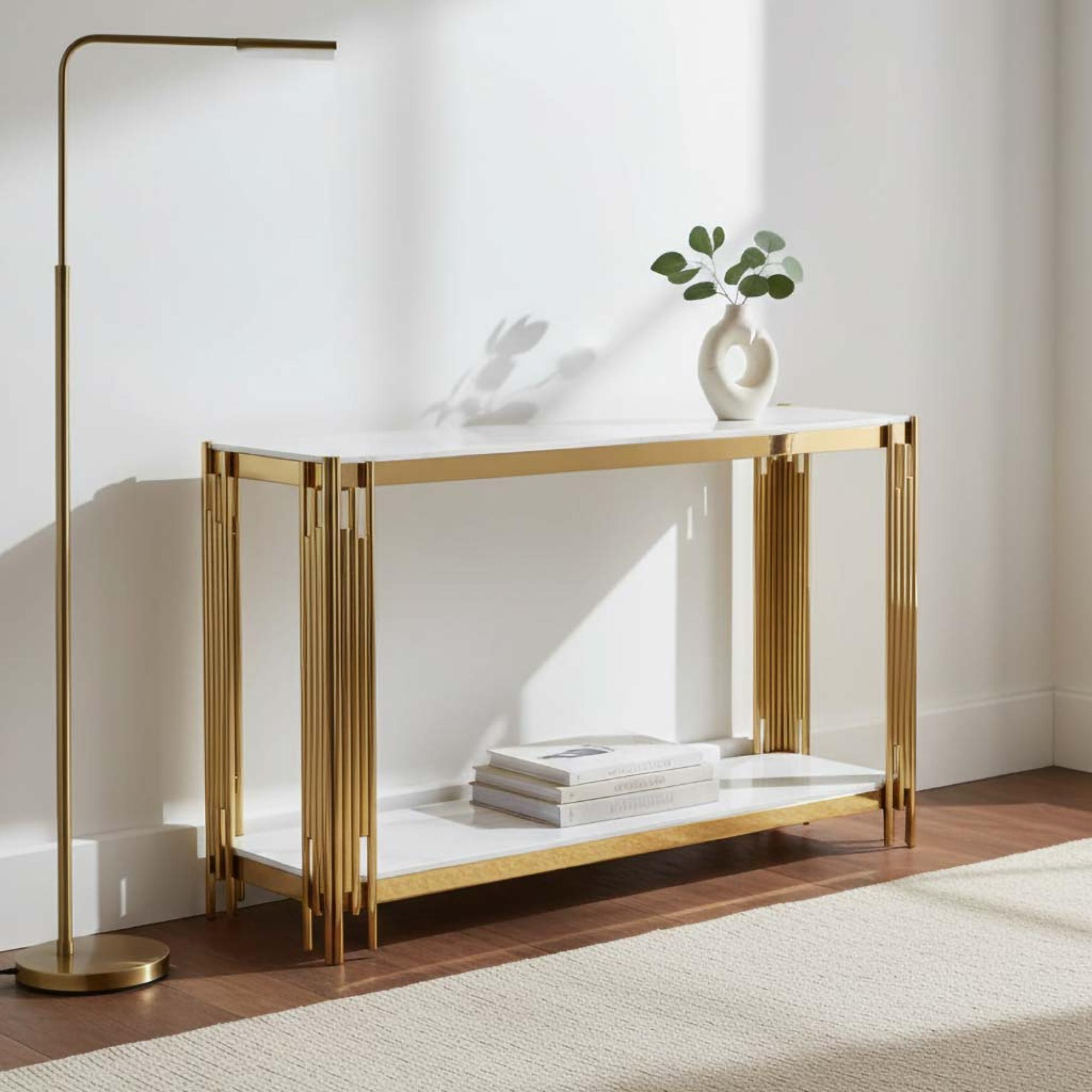 Belini Console Table  White Sintered Stone and Gold