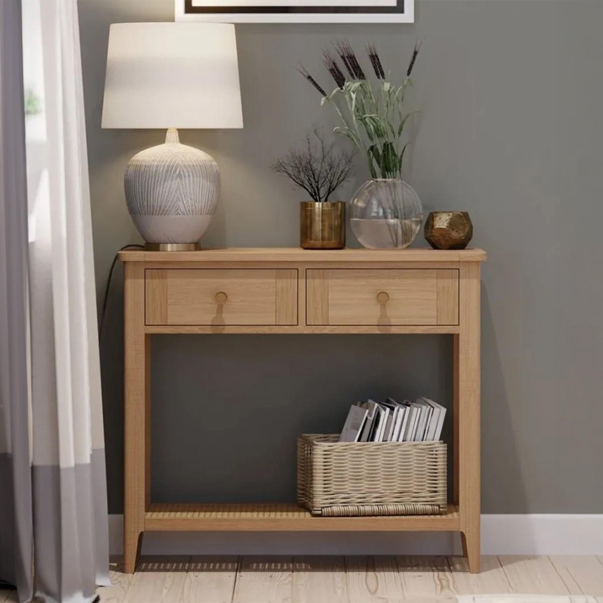 Henley Oak and Rattan 2 Drawer Console Table