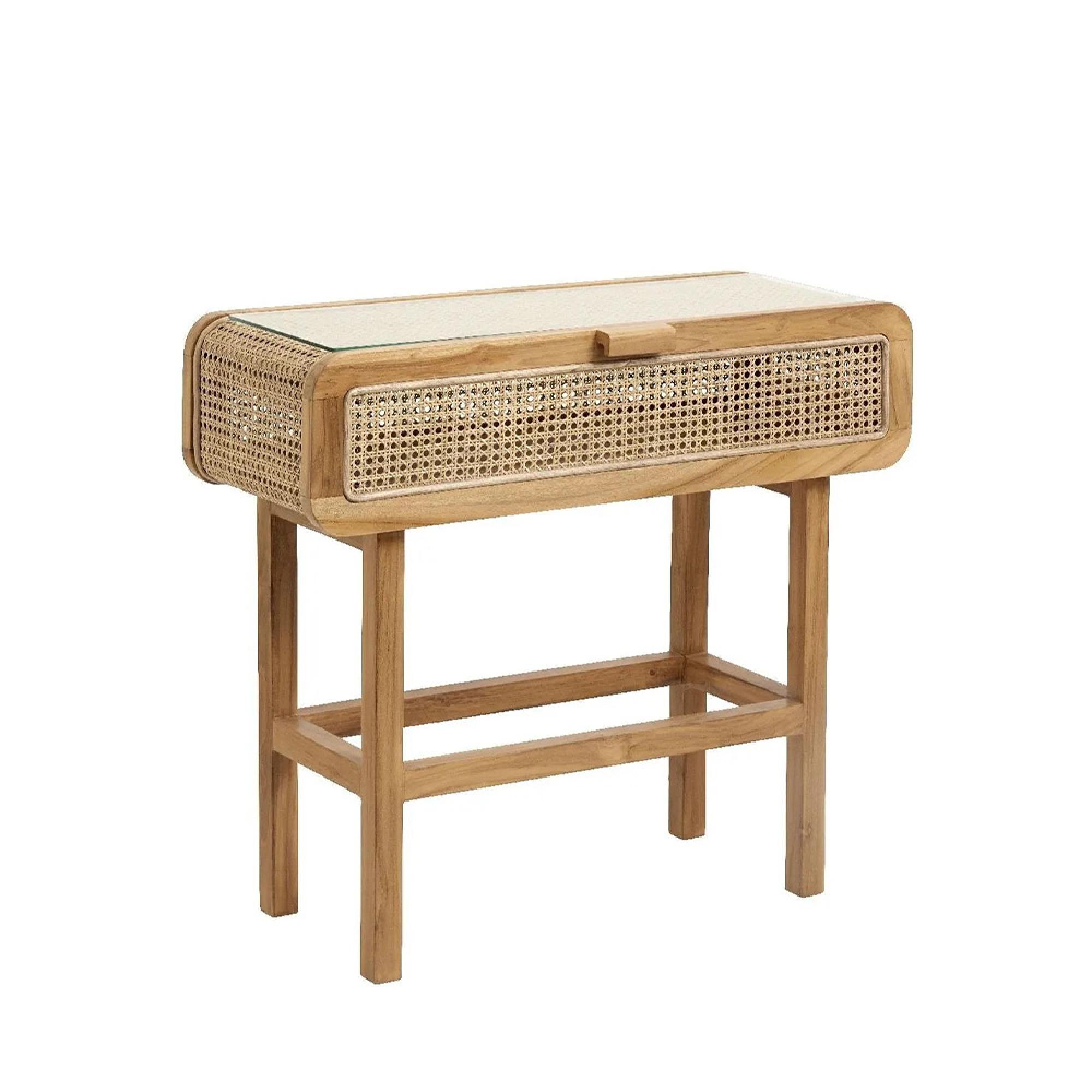 Merge Console Table - Glass Top - Teak Wood & Rattan