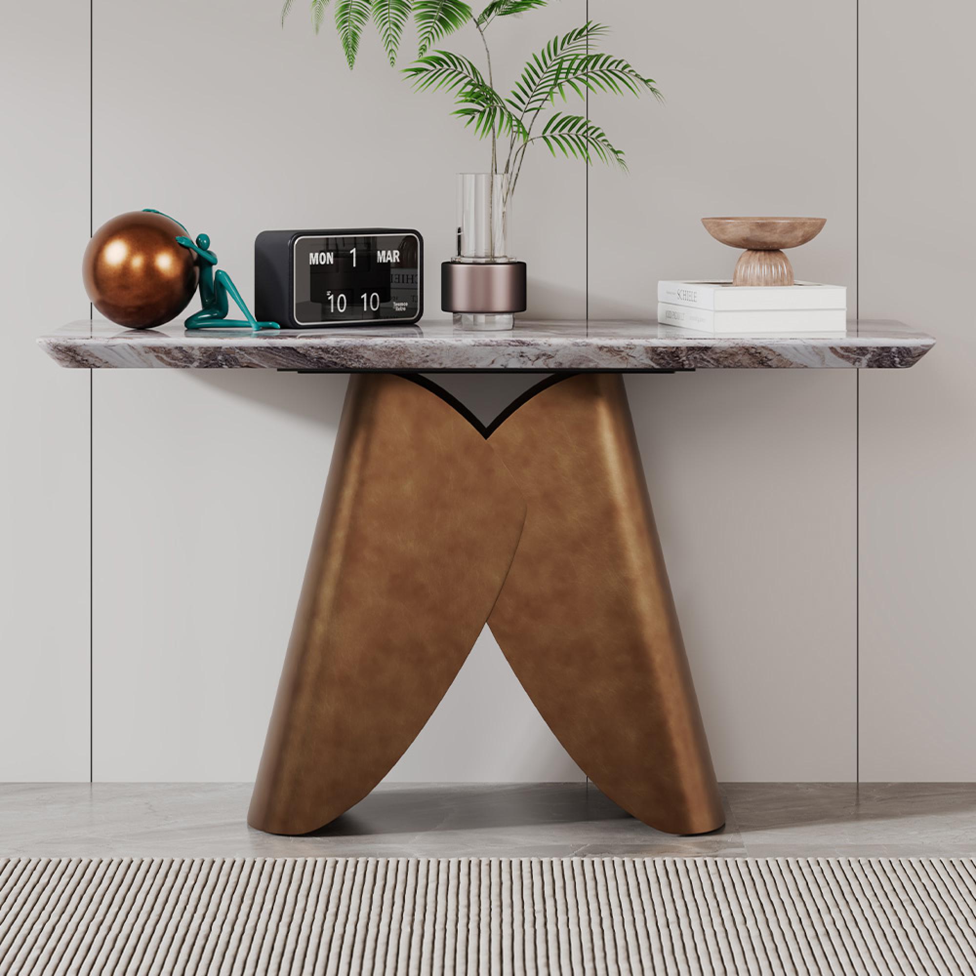 Enterprise Console Table - Grey Marble - Brass Base