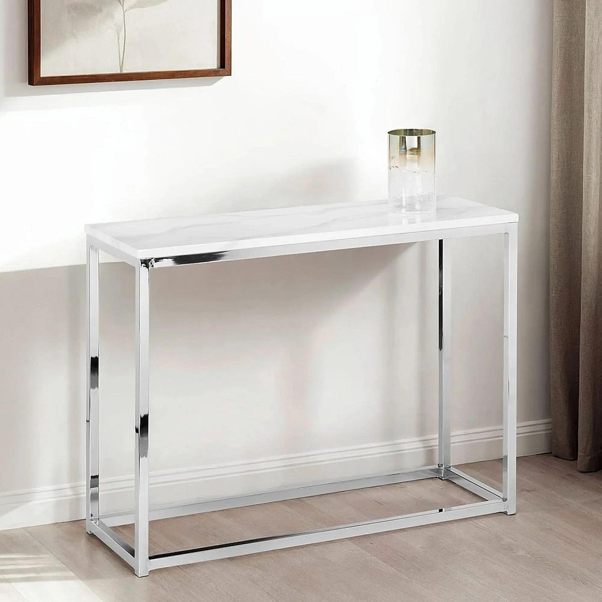 Clearance - Scala Console Table - 100cm - White Marble Effect and Chrome - A623