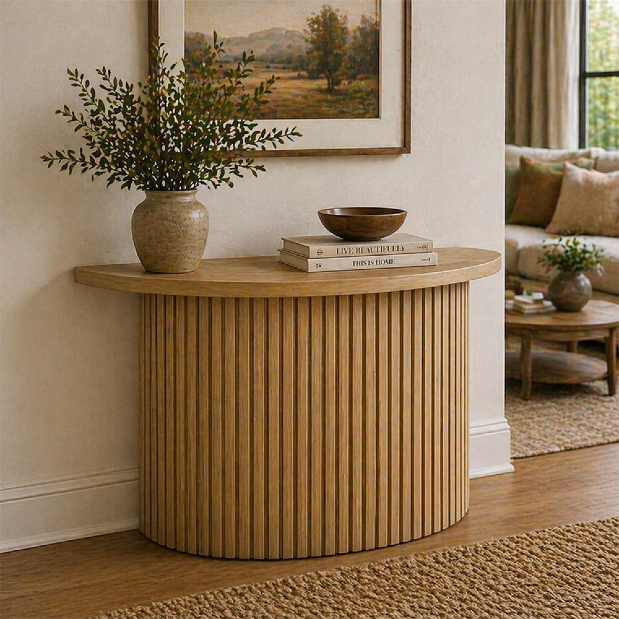 Timo Console Table - Half Moon - with Slatted Base - Lacquered Oak - Variation Available