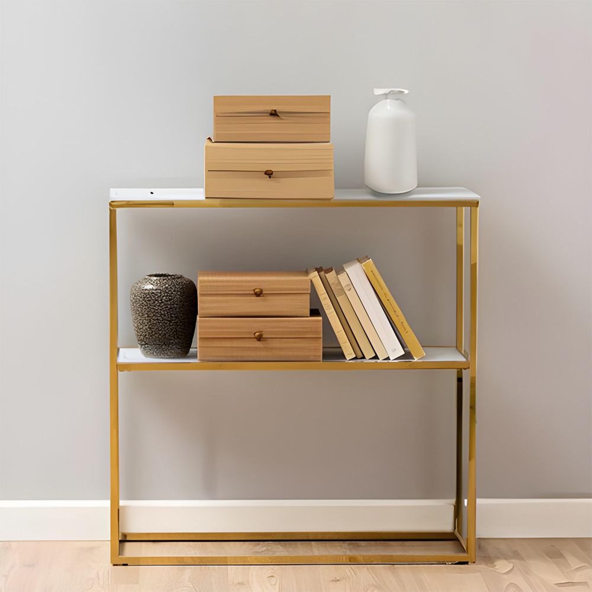 Alisma Console Table - White Marble and Gold Metal - with Shelf
