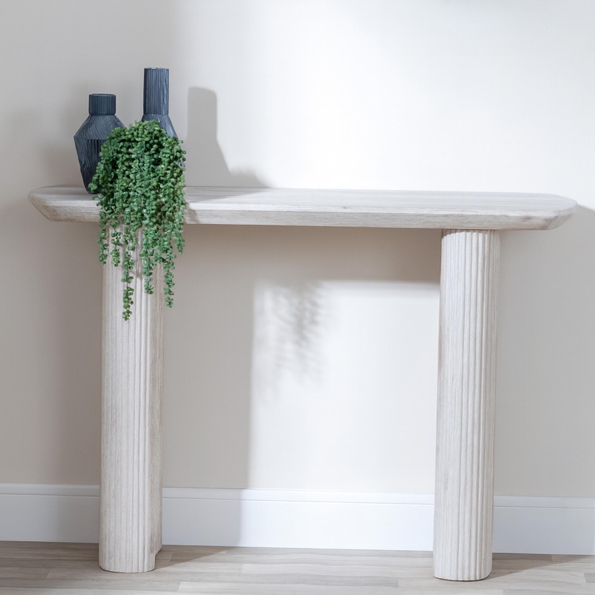Bern Pedestal Console Table - White Washed Oak - Fluted