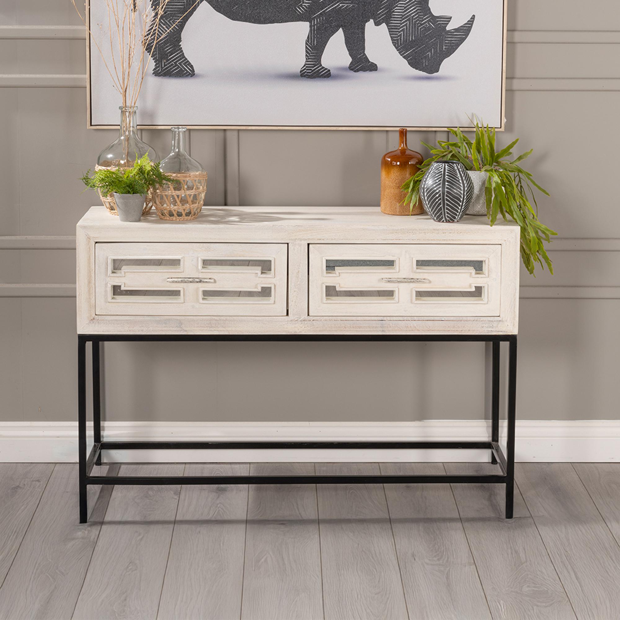 Clearance - Geo White Mirrored Console Table - 2 Drawer - Brand New Item