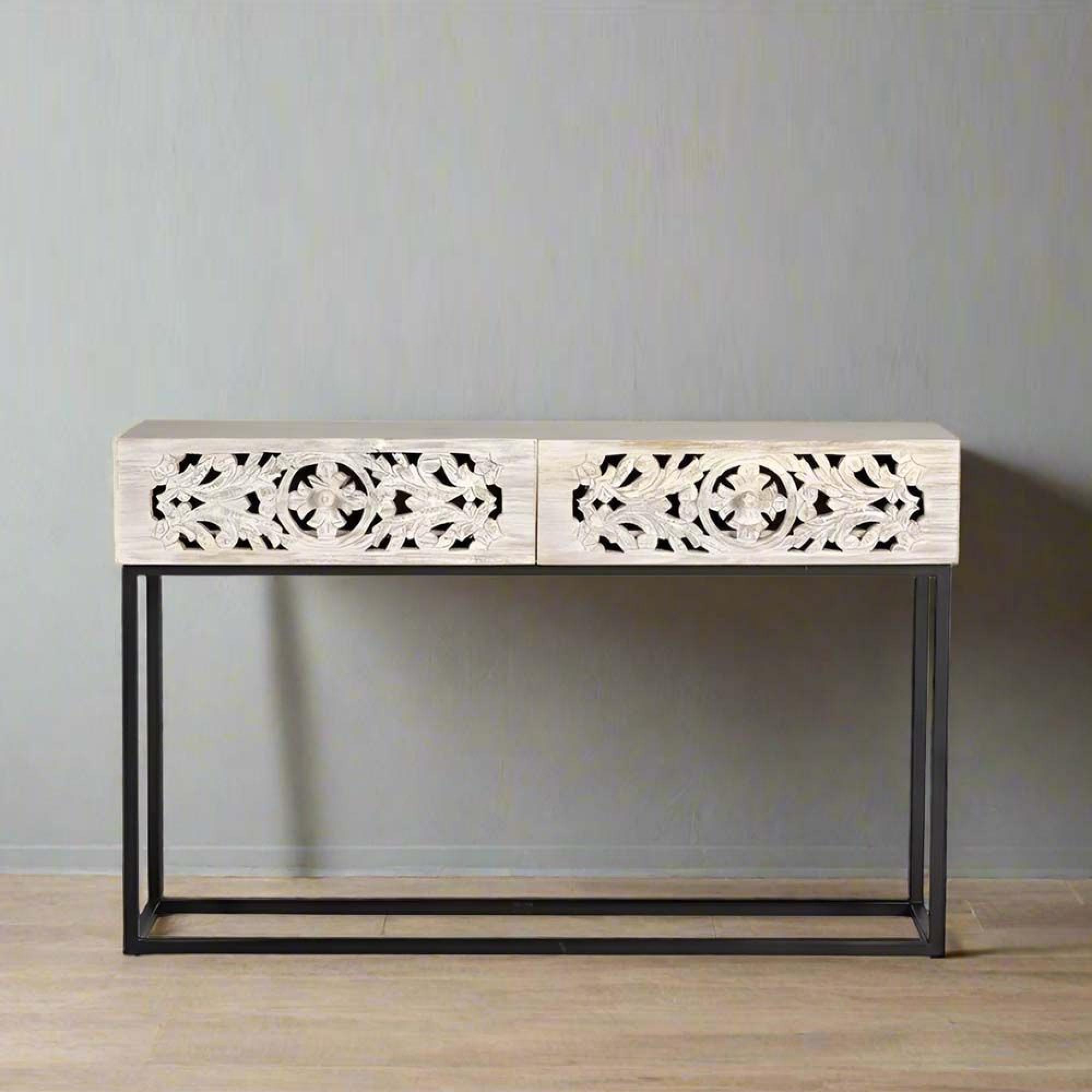Quintana Console Table - Washed Carved - Mango Wood - 2 Drawer