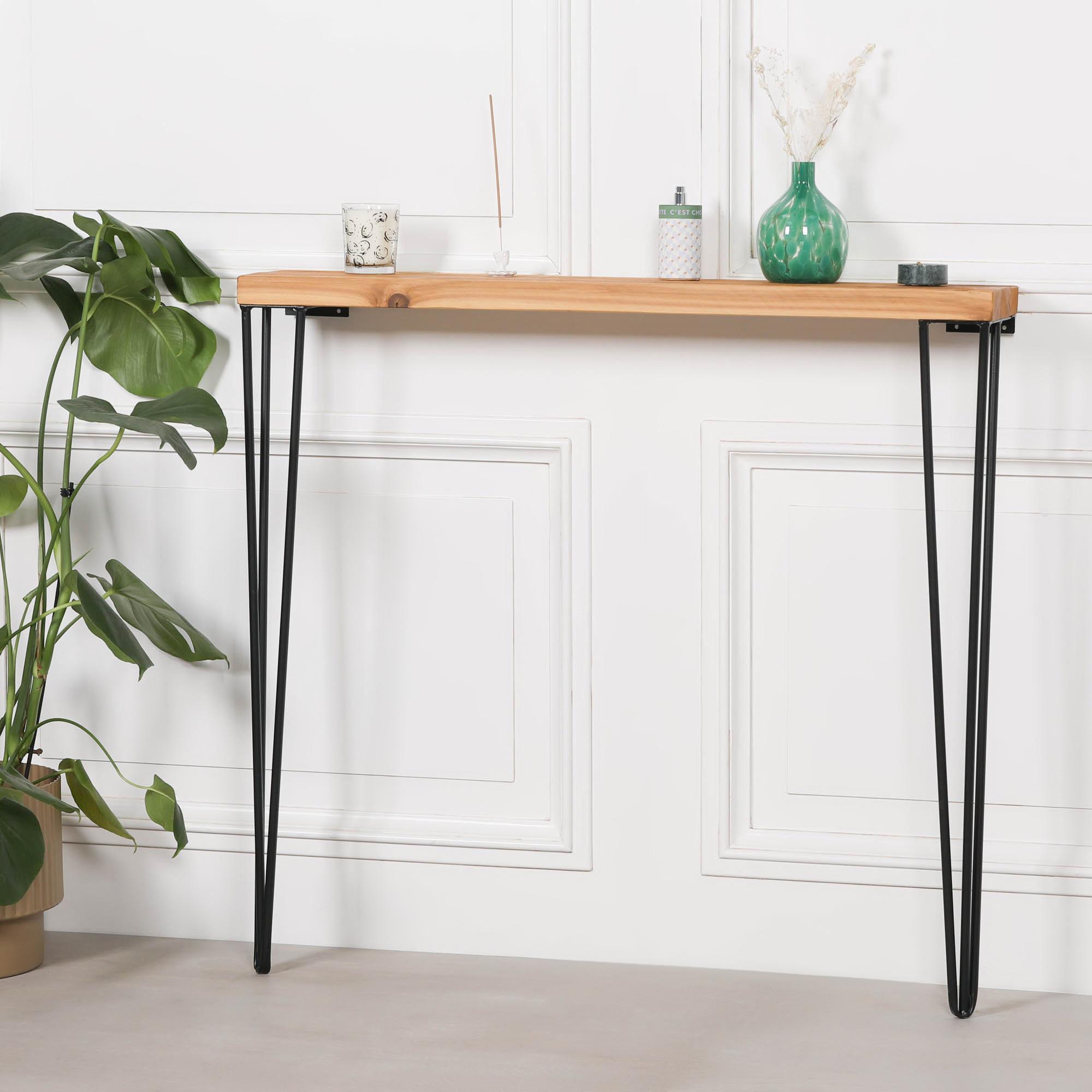 Rustic Pine Wood Tall Console Table - Hairpin Legs