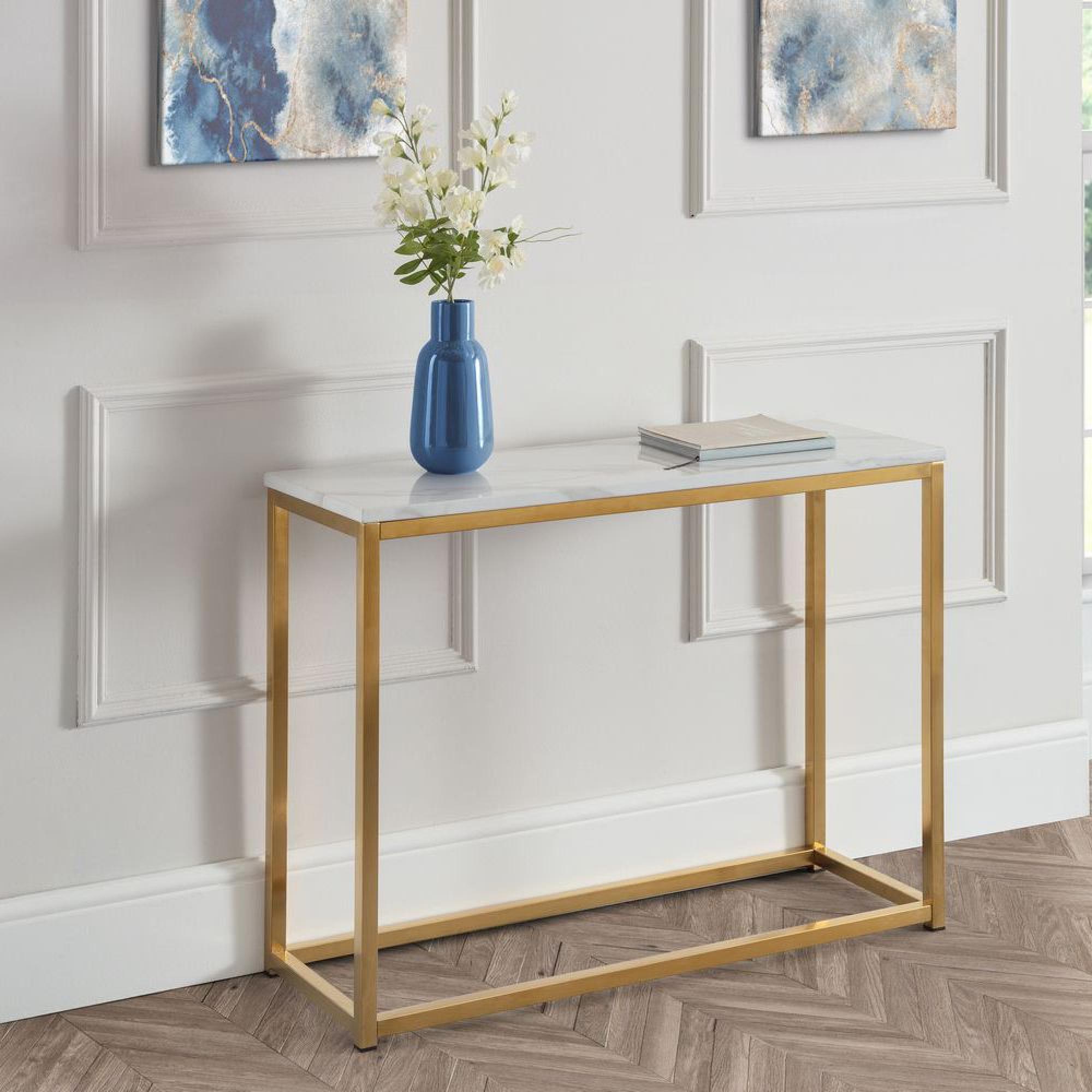 Scala Console Table - 100cm - White Marble Effect and Gold