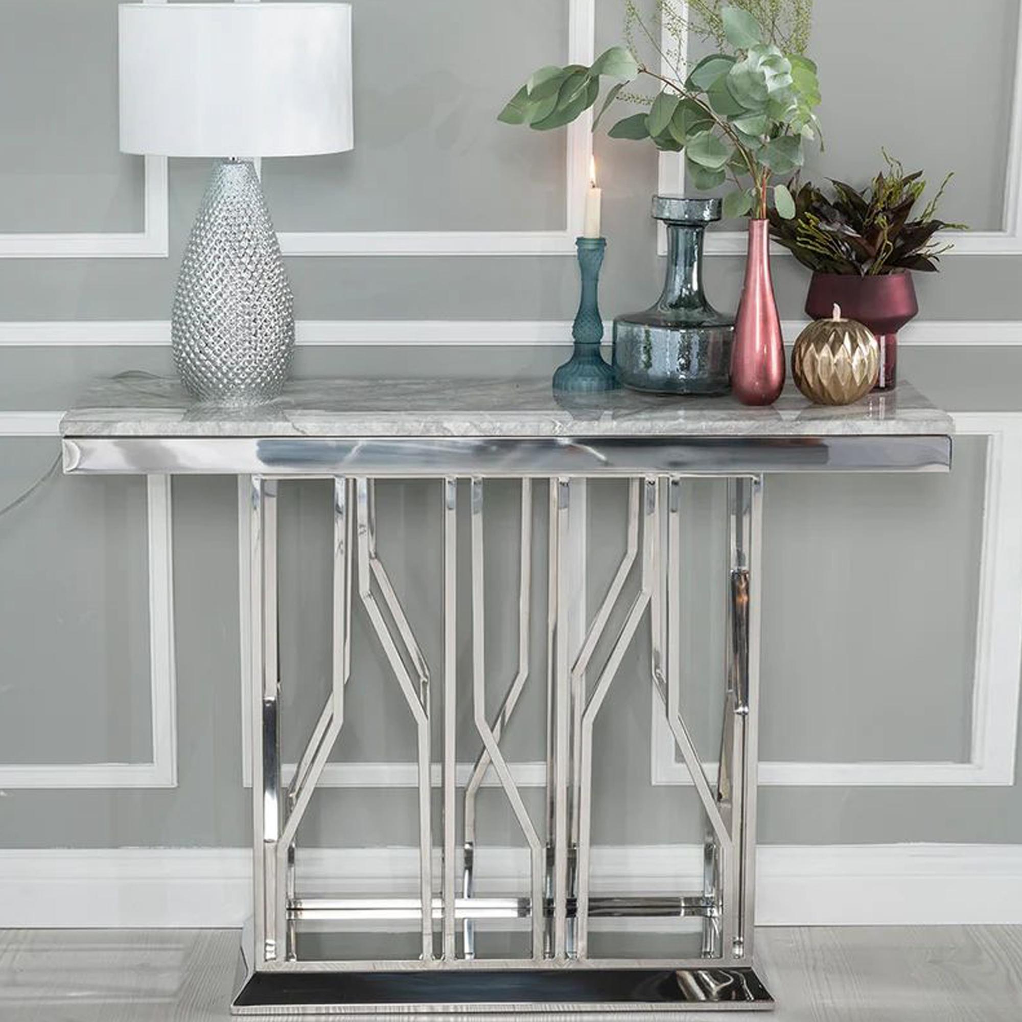 Vortex Grey Marble and Chrome Console Table