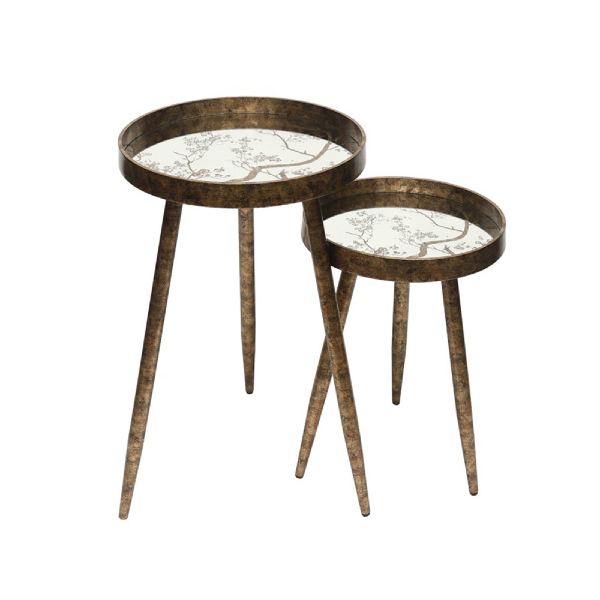 Nest of Tables - Antique Gold Metal - Round - Set of 2 - Tray