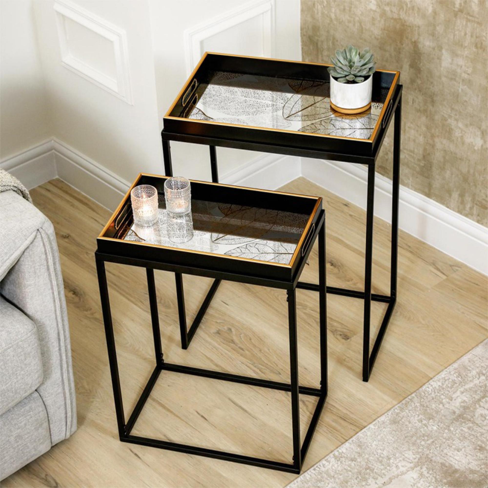 Nest of Tables - Antique Gold and Black Leaves Glass - Set of 2 - Tray