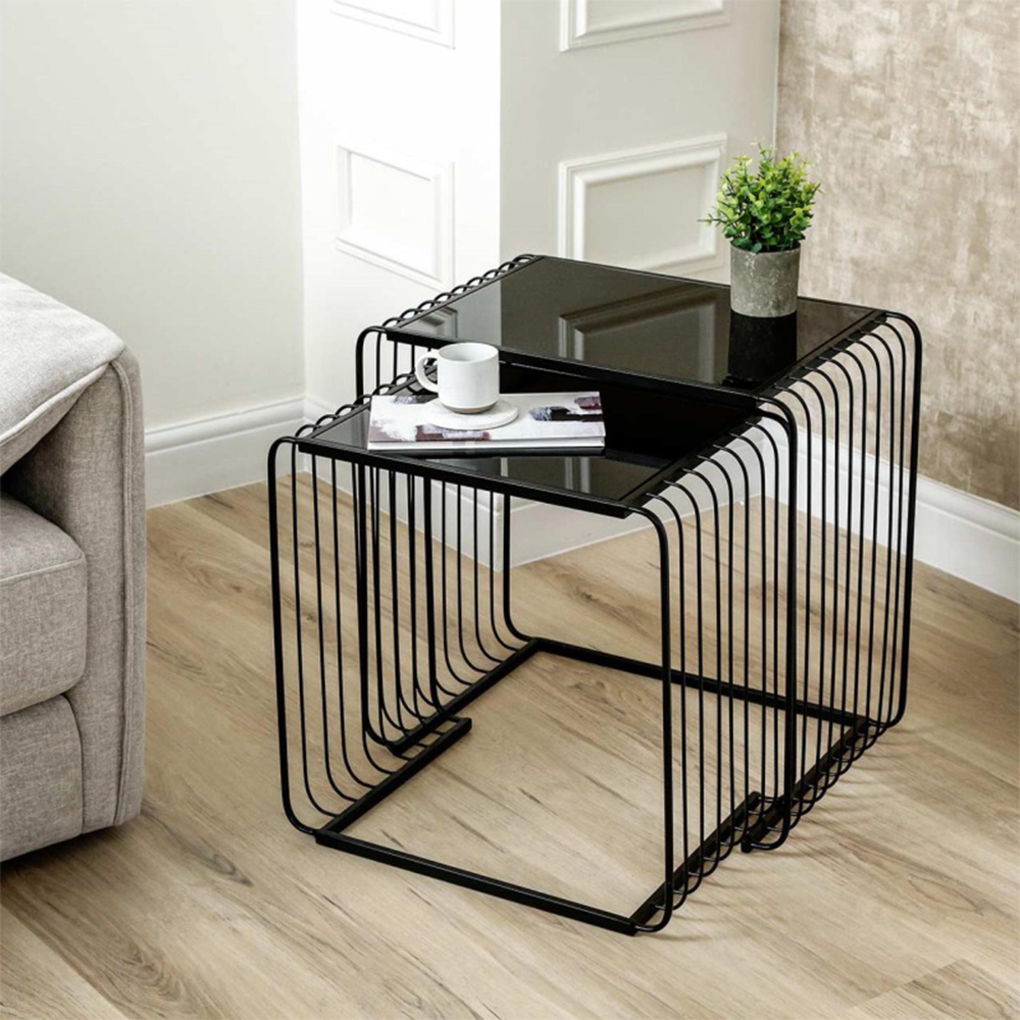 Nest of Tables - Black Glass and Metal - Set of 2