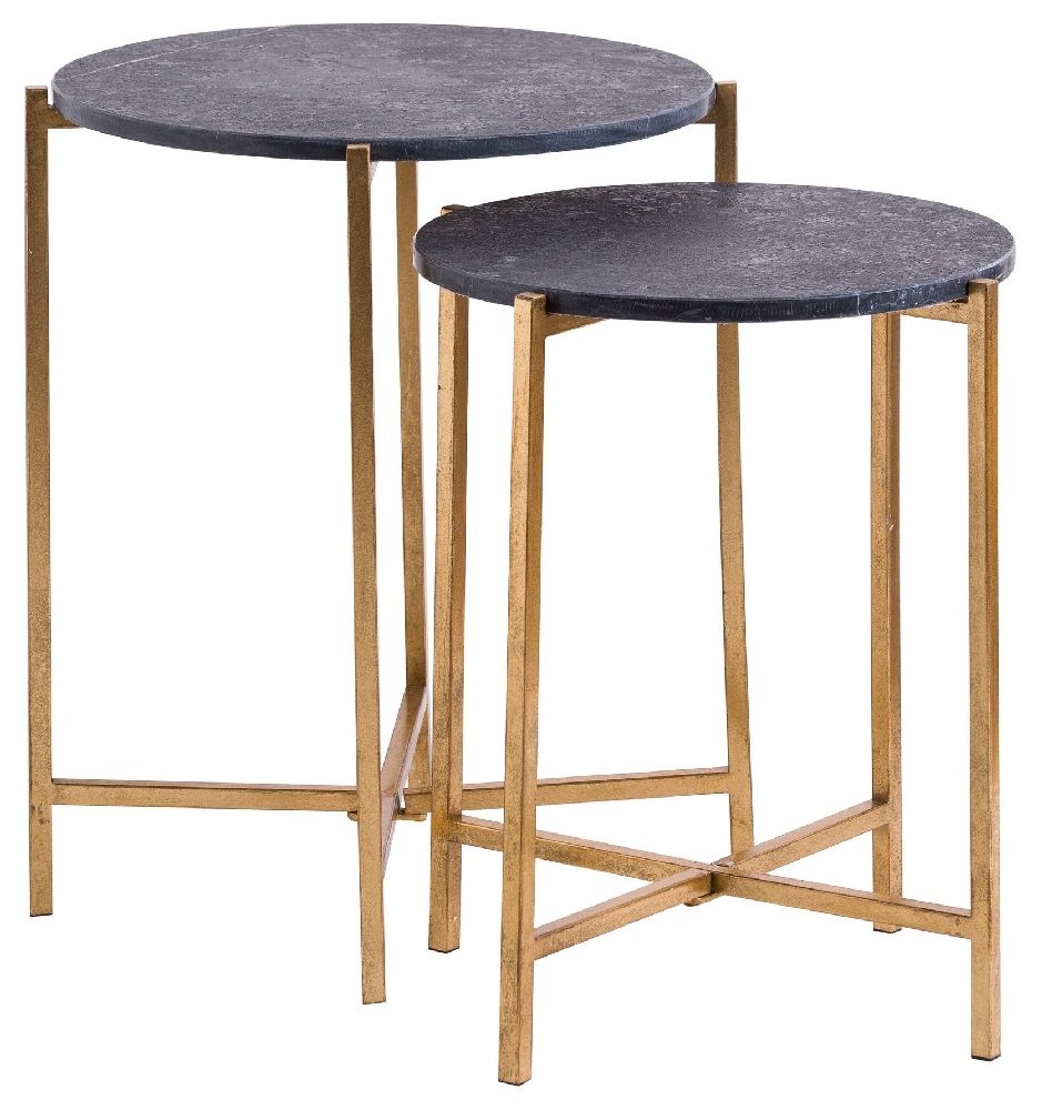 Side Tables - Set of 2 - Round - Black Marble and Gold