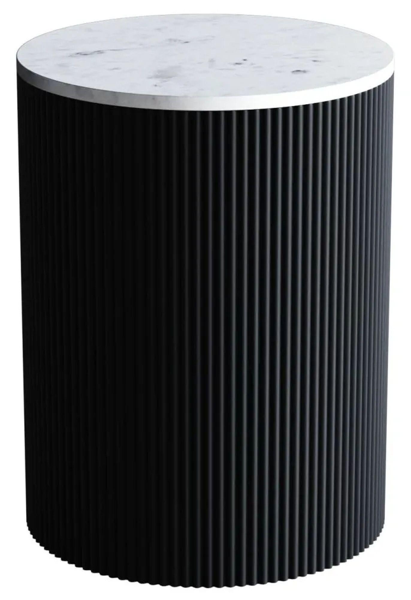 Clearance - Carra Side Table - Round - White Marble Top - Black Fluted Drum Base