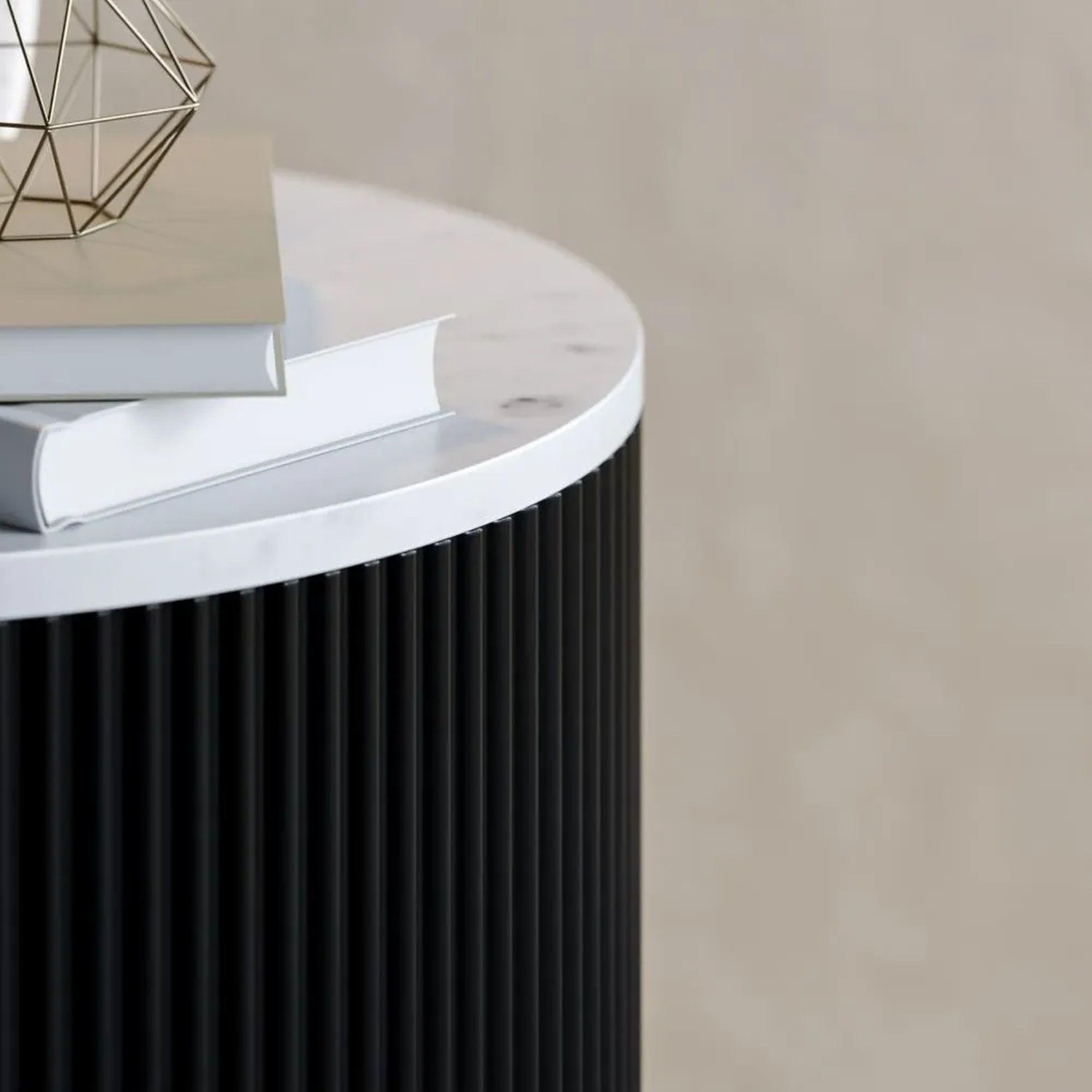 Clearance - Carra Side Table - Round - White Marble Top - Black Fluted Drum Base