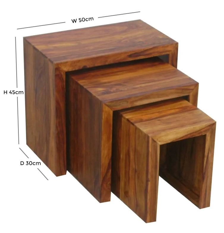 Cube Solid Sheesham Wood Nest of 3 Tables