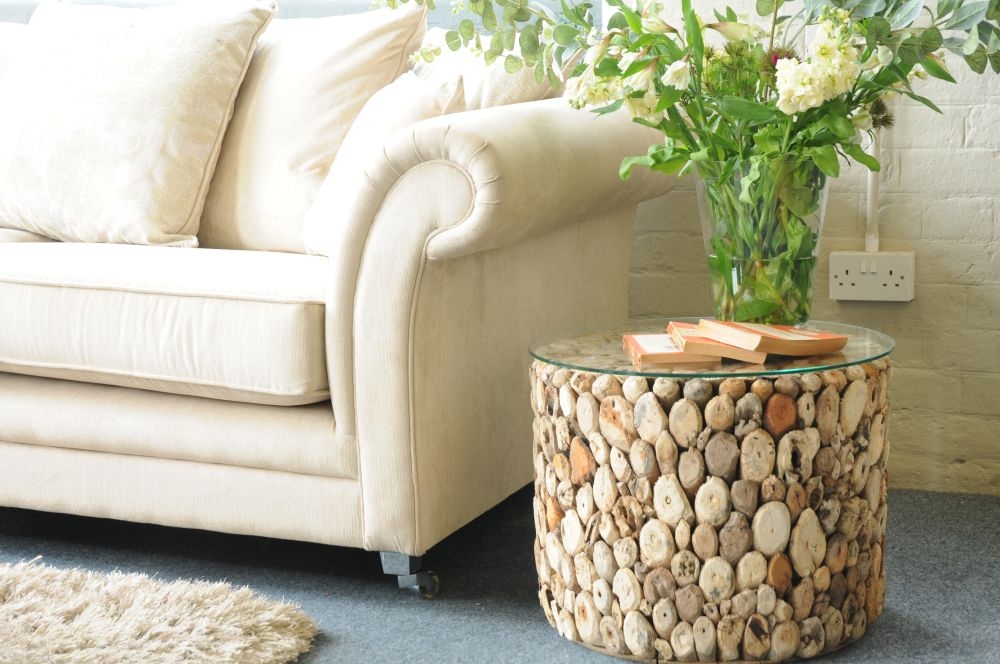 Driftwood Drum Lamp Table - Glass Top