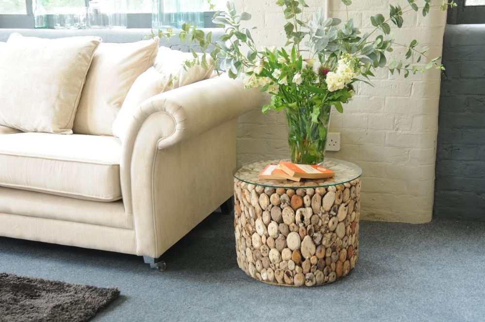 Driftwood Drum Lamp Table - Glass Top