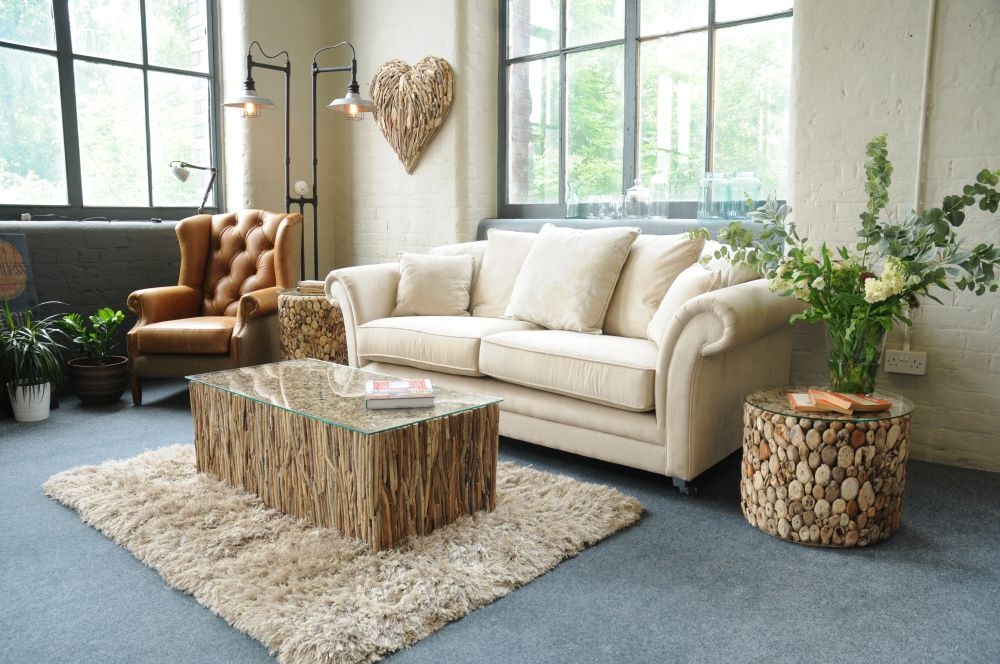 Driftwood Drum Lamp Table - Glass Top