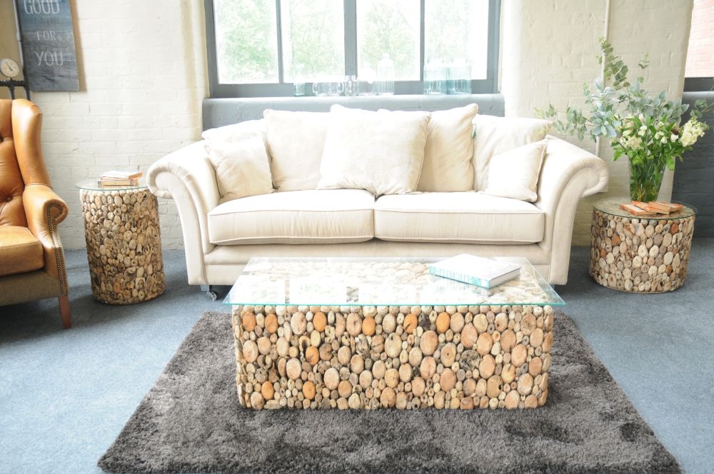 Driftwood Drum Lamp Table - Glass Top