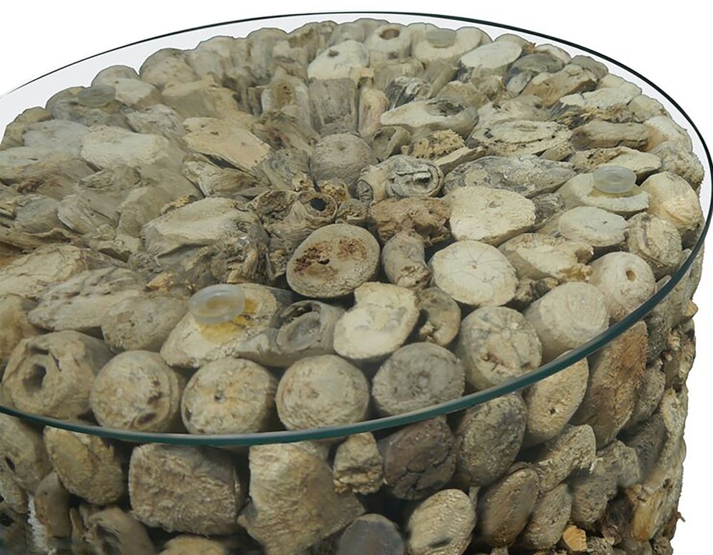 Driftwood Round Tall Lamp Table - Glass Top