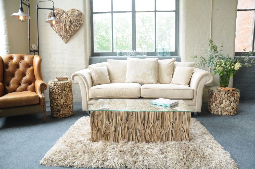 Driftwood Round Tall Lamp Table - Glass Top