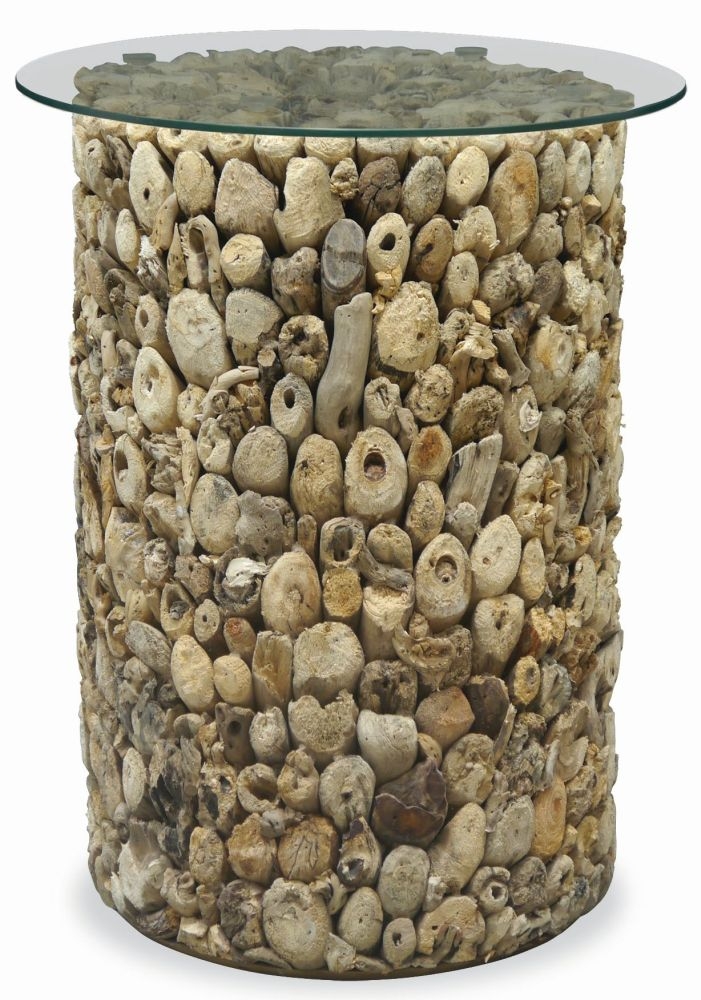 Driftwood Round Tall Lamp Table - Glass Top