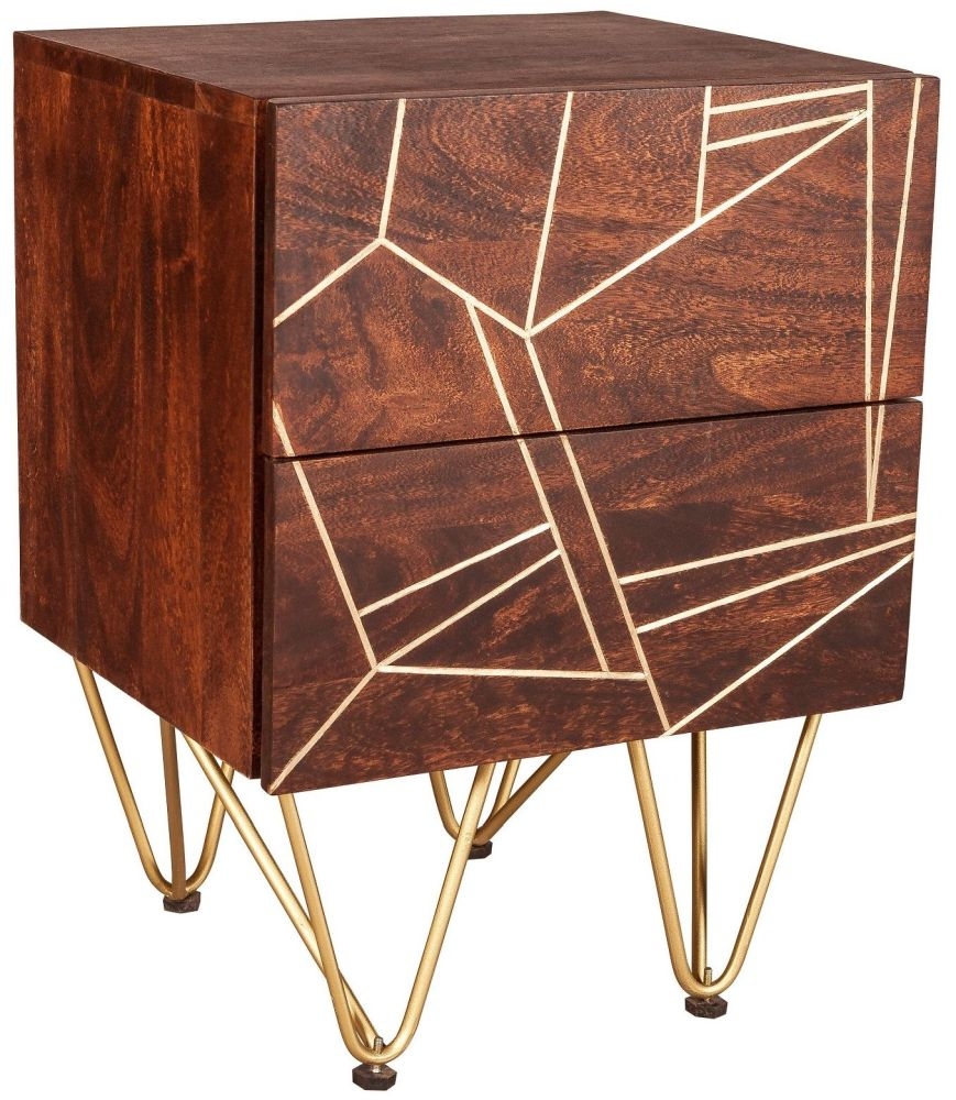 Kaza Dark Mango Wood 2 Drawer Side Table - Hairpin Legs with Gold Geometric Inlay