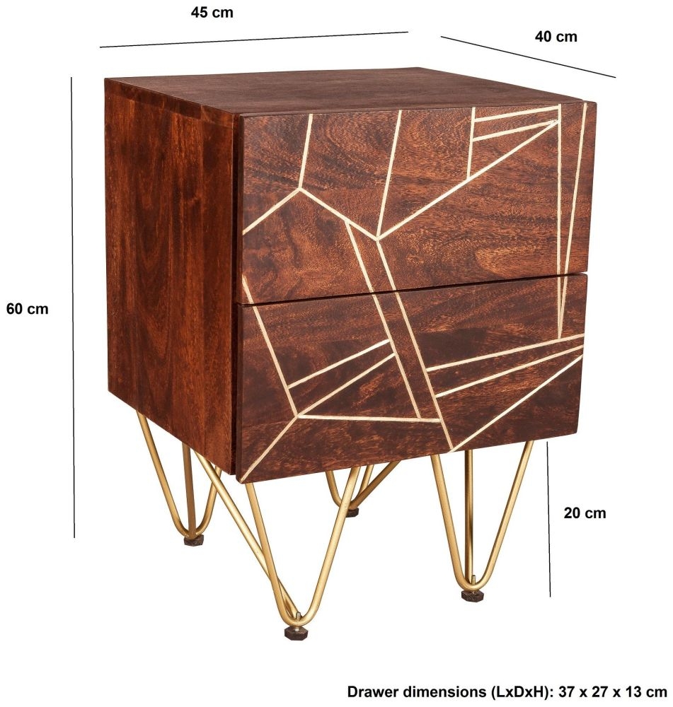 Kaza Dark Mango Wood 2 Drawer Side Table - Hairpin Legs with Gold Geometric Inlay