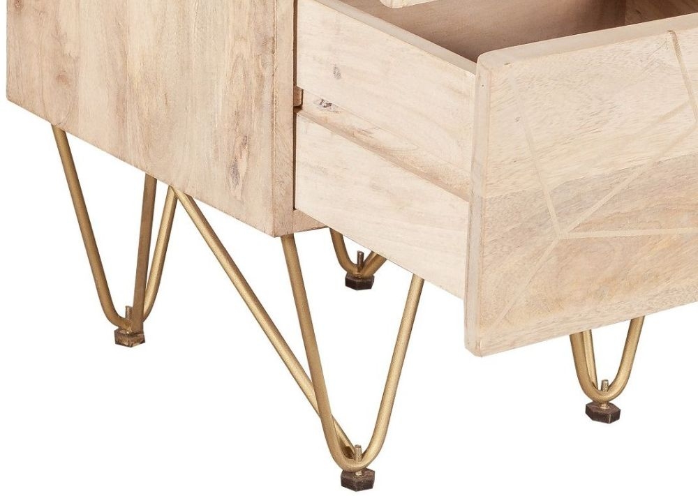 Kaza Light Mango Wood 2 Drawer Side Table - Hairpin Legs with Gold Geometric Inlay