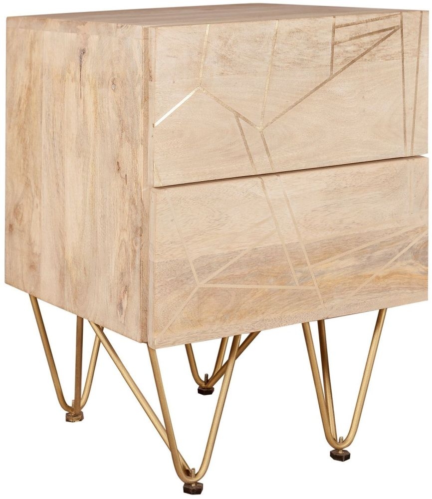 Kaza Light Mango Wood 2 Drawer Side Table - Hairpin Legs with Gold Geometric Inlay