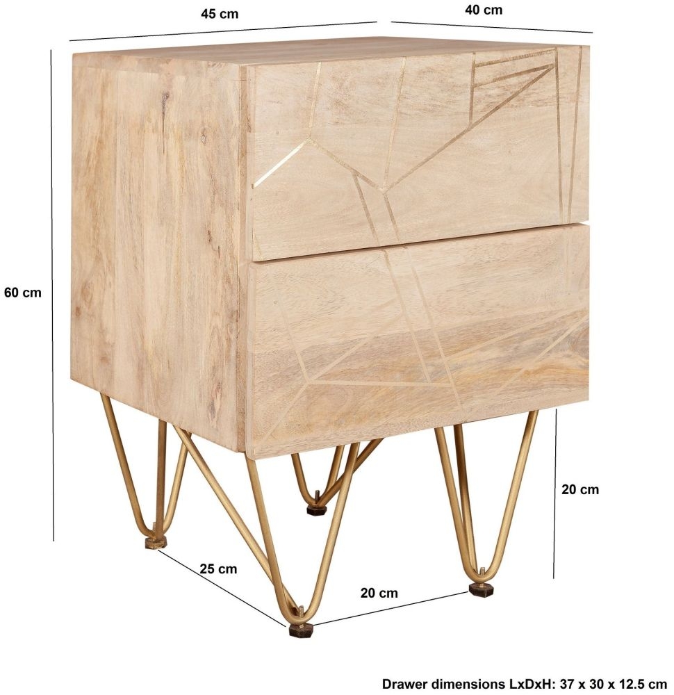 Kaza Light Mango Wood 2 Drawer Side Table - Hairpin Legs with Gold Geometric Inlay